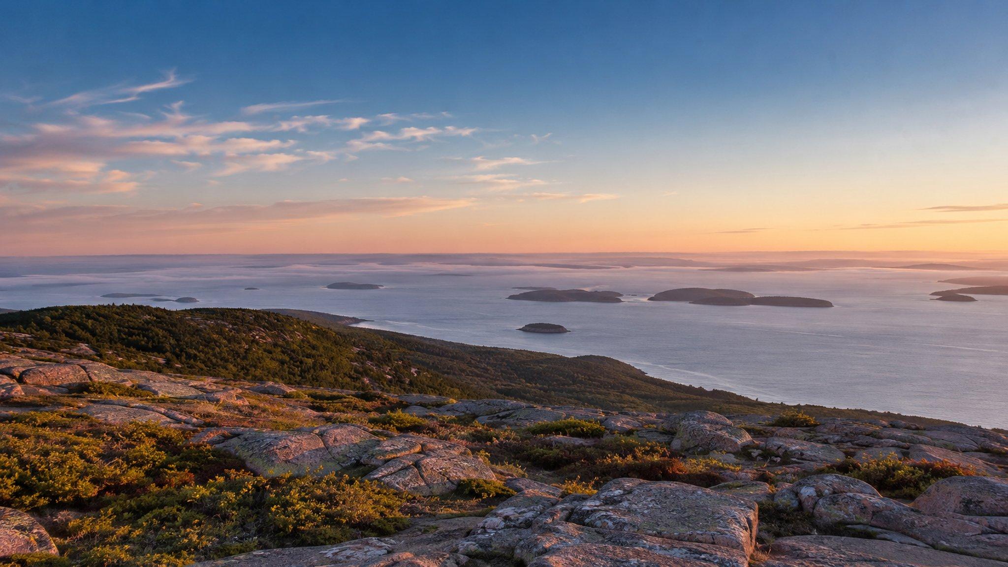 Sunrise from the summit of Cadillac Mountain, looking east over Frenchman Bay and the Porcupine Islands